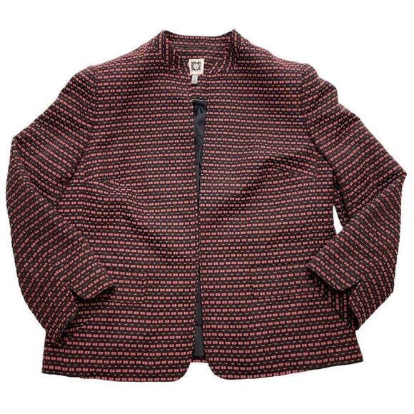 Anne Klein Seersucker Blazer Women's 14 LARGE Red Black Open-Front Mandarin‎ NEW - Picture 5 of 15